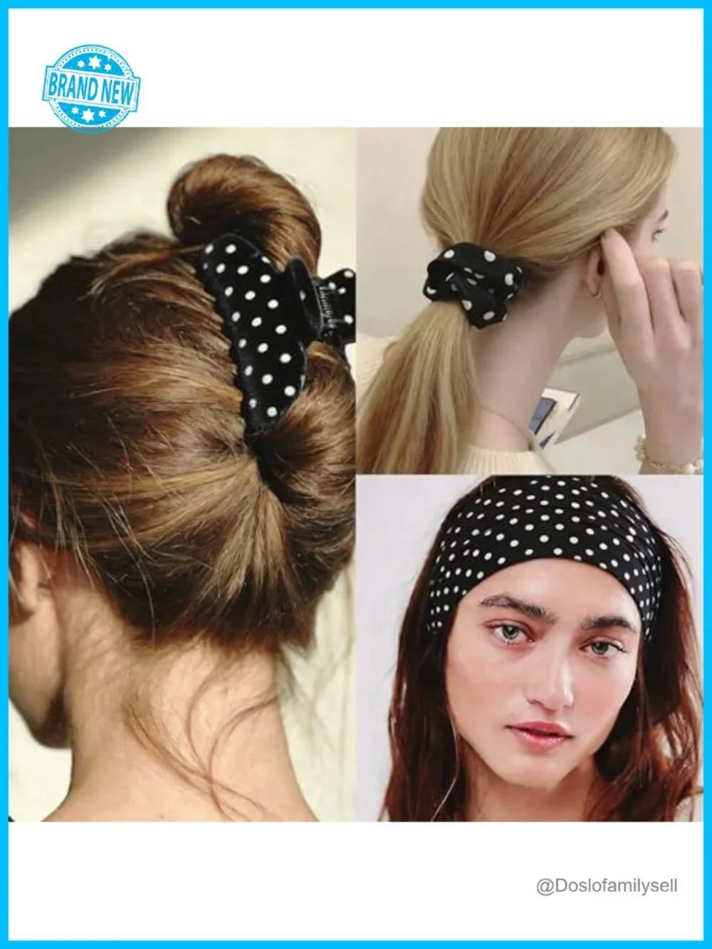 6 Piece Polka Dot Hair Set with Headbands Claw Clips Scrunchies - Non Slip